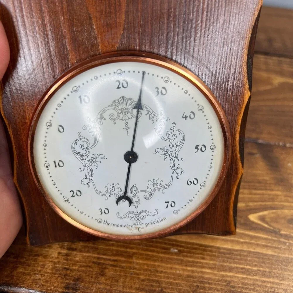 Vintage Wooden & Metal Bretagne France Barometer Man Woman Colonial 12”x4.5”